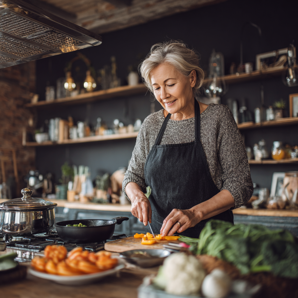 middle-aged woman preparing healthy meal in modern kitchen