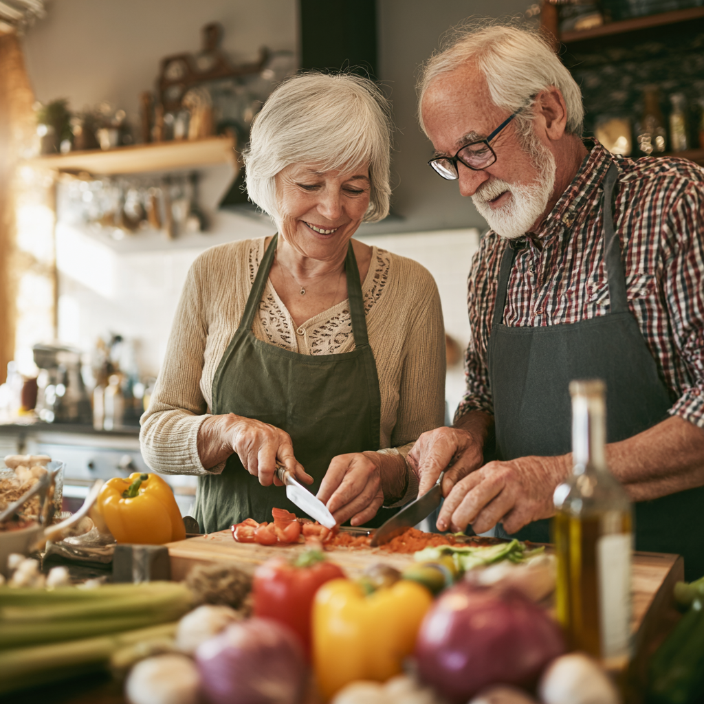 senior couple cooking together healthy meal in bright kitchen